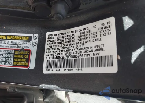 2013 Honda Cr-V Ex-L from USA, damaged, VIN 5J6RM3H79DL006926